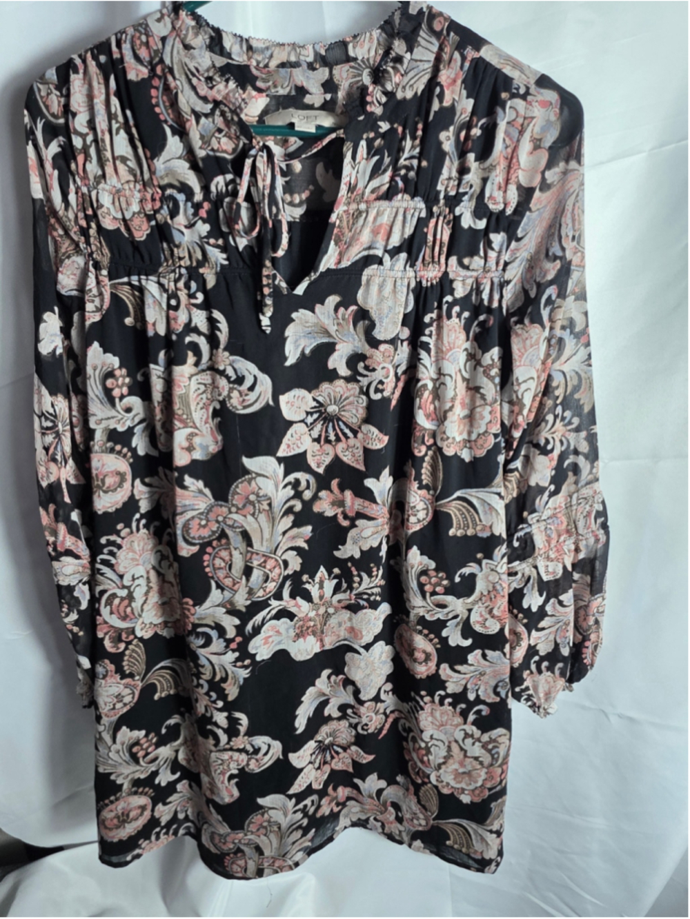 Women's LOFT Petite SP Blouse Black Pink Floral Long Sleeve floral boho-chic